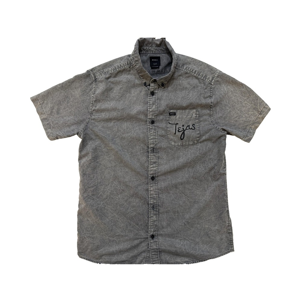 RVCA Shirt Mens Large Gray Slim Fit Short Sleeve Button Up Tejas‎ Meat Supply